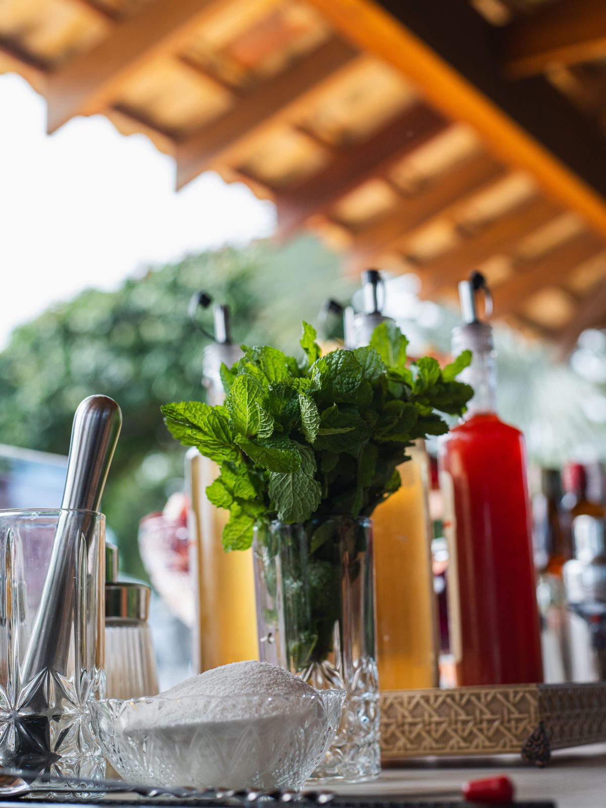 Fresh mint and garnish prep at an outdoor bar (stock photo)
