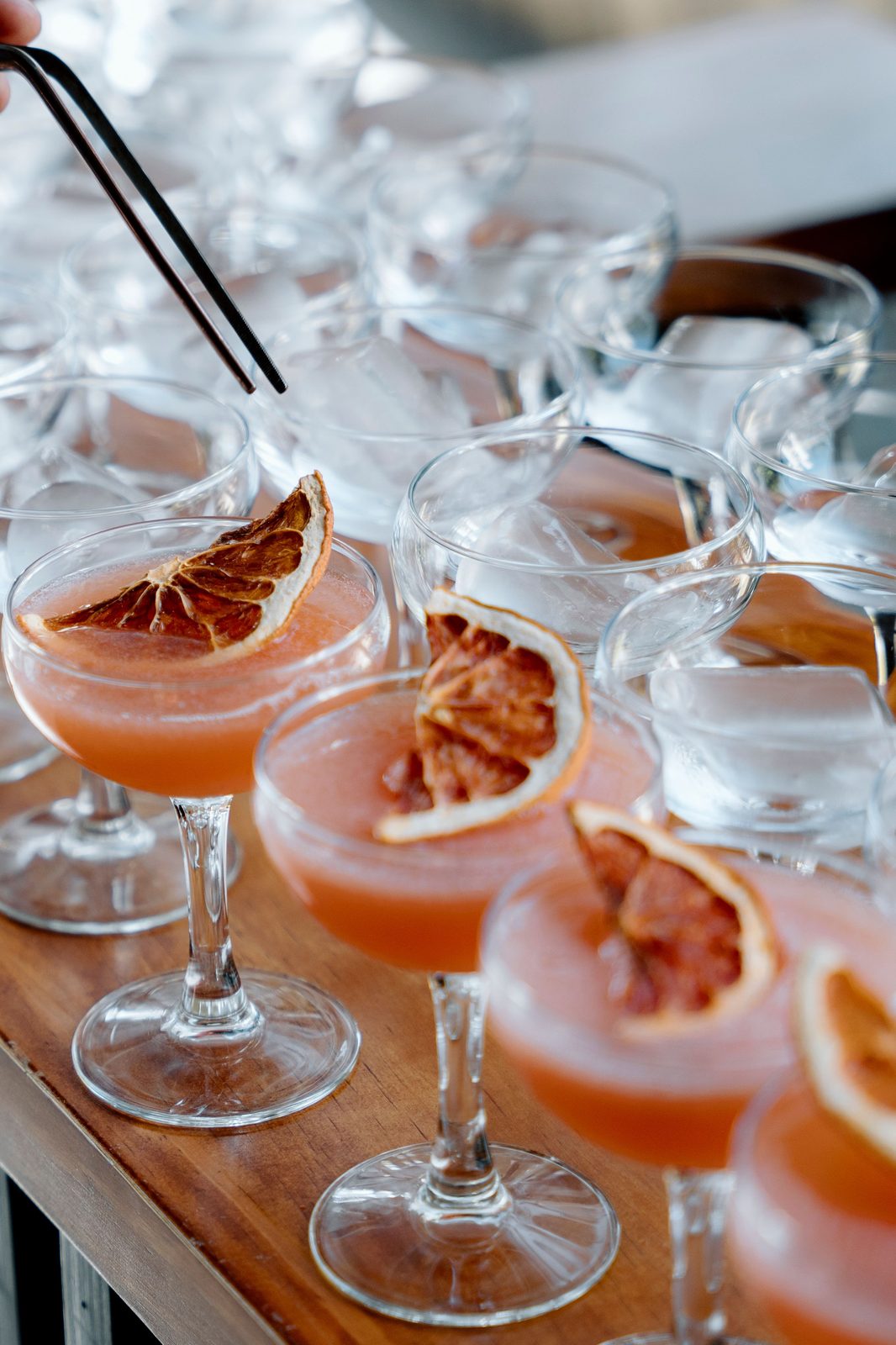 Grapefruit cocktails with dried citrus garnish (stock photo)